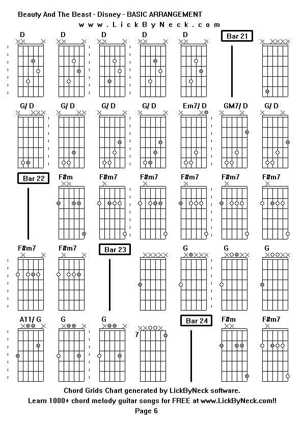 Chord Grids Chart of chord melody fingerstyle guitar song-Beauty And The Beast - Disney - BASIC ARRANGEMENT,generated by LickByNeck software.